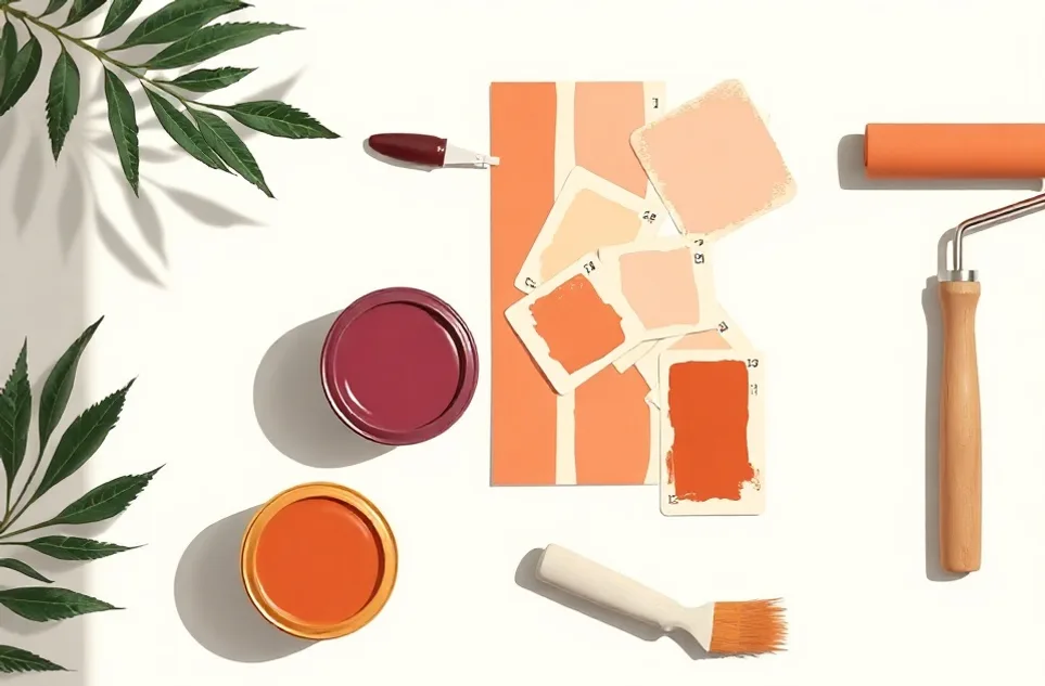Pots de peinture, nuancier, brosses et rouleaux disposés à plat