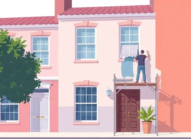 Peintre sur échafaudage traitant la façade d'une maison